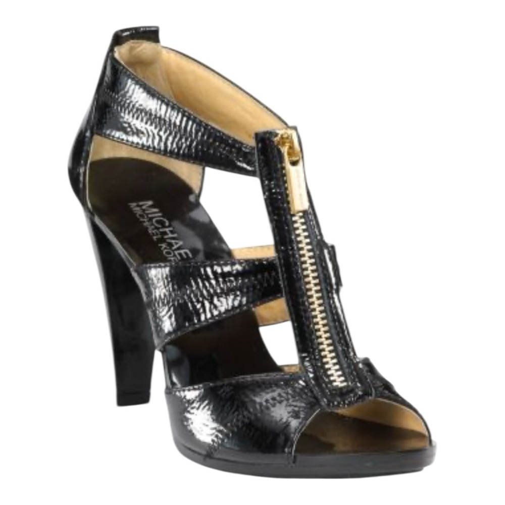 Michael Kors Berkley T-Strap Heels Dress Sandals Black Patent Crinkle 9M